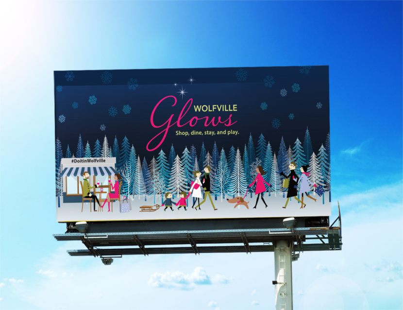 Wolfville Glows billboard featuring illustrated winter scene of nature, shopping and dining, people, families and a dog